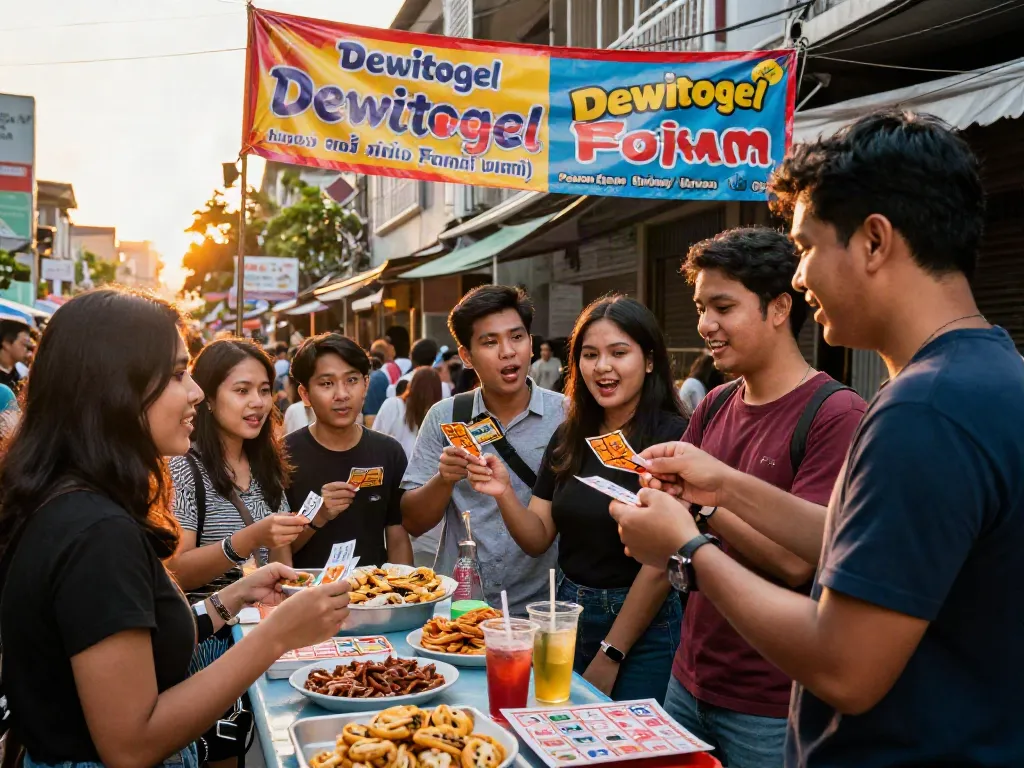 Kelompok orang bersemangat terlibat dalam permainan Dewitogel di pasar jalanan yang ramai.