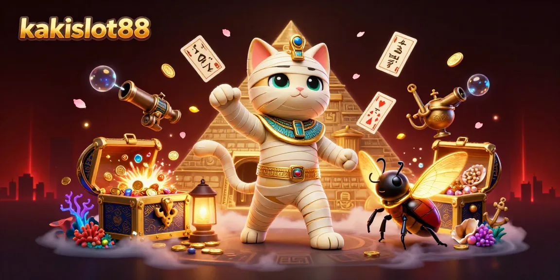 Lebih menarik, kakislot88 hadir dengan ilustrasi kucing mumi muncul dari sarkofagus emas di kasino piramid.