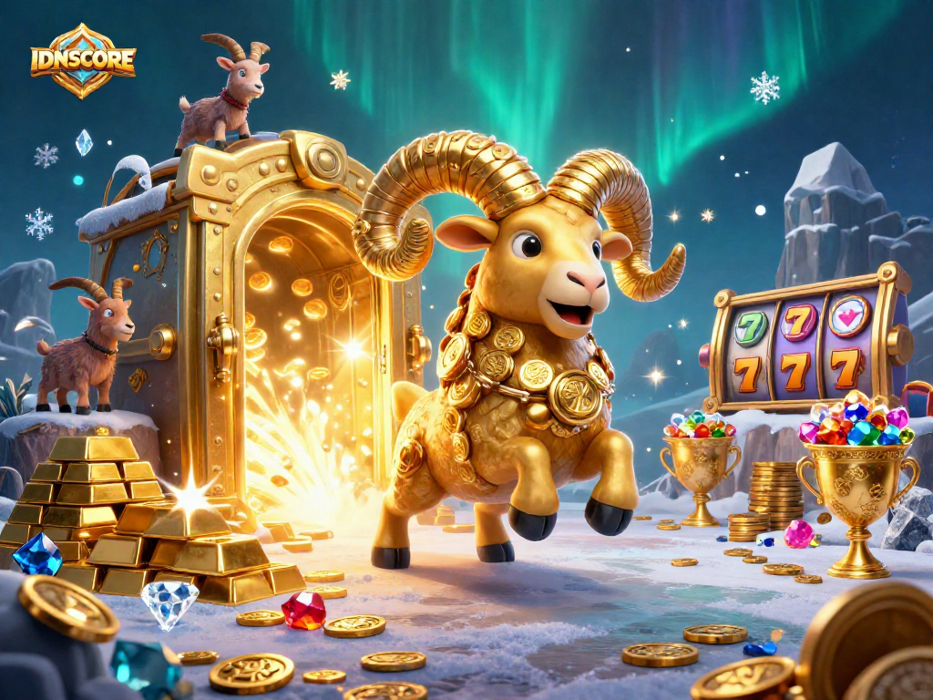 Experience the thrilling IDNSCORE slots with a golden ram amidst shimmering treasures.