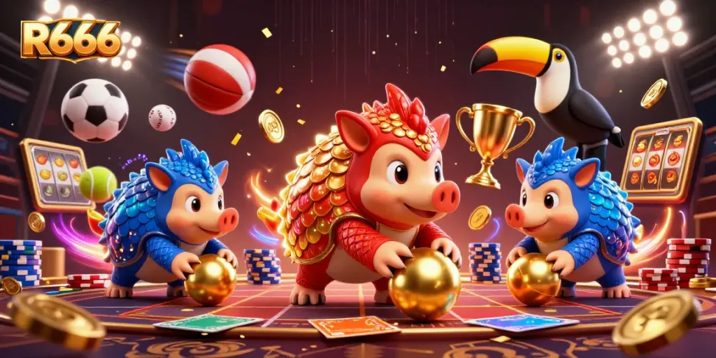 R666 pangolins compete in a vibrant casino scene filled with chips and trophies.