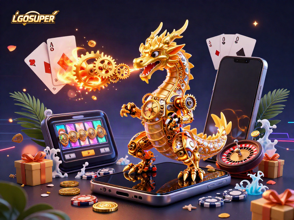 Engage with LGOSUPER's thrilling slot experience, featuring vibrant 3D gaming elements and a golden dragon.