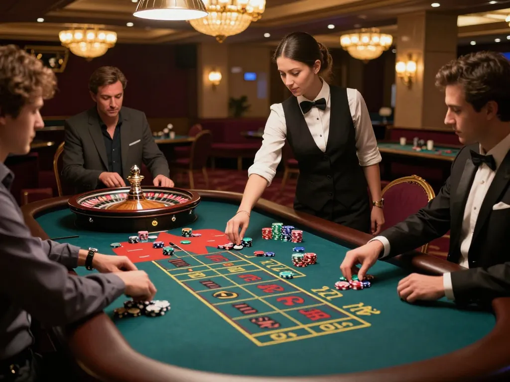 Kuwin1 players engaging at an upscale roulette table during exciting game moments, showcasing vibrant chips and professional croupier