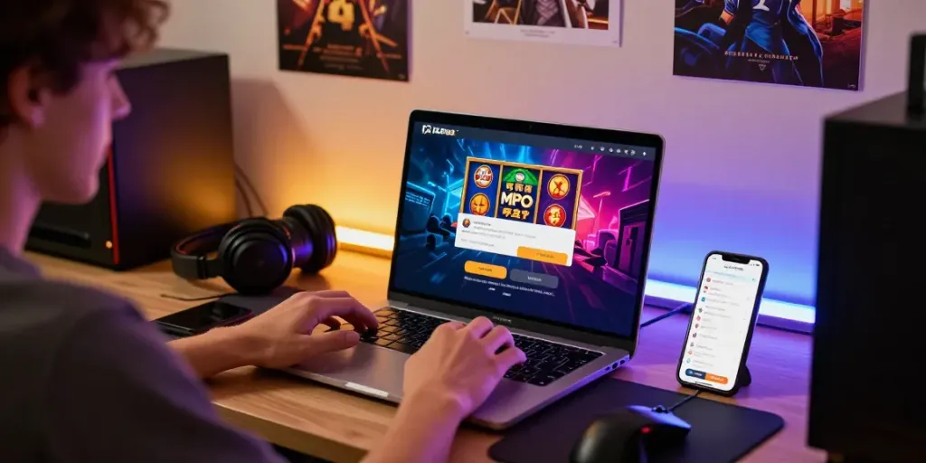 Engaging user experience on mpomax platform featuring login page and gaming accessories.