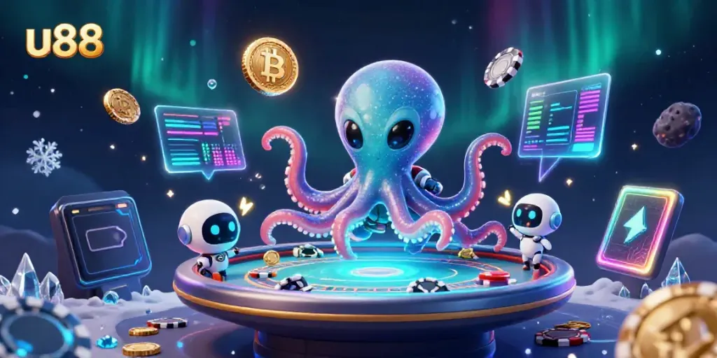 Engage in thrilling gameplay at u88 with a vibrant scene featuring an alien octopus operating a holographic poker table.