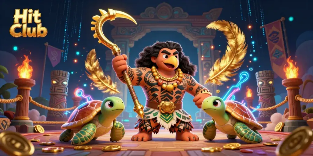 Engage in thrilling action at Hit Club with Polynesian demigod amidst vibrant gambling elements.