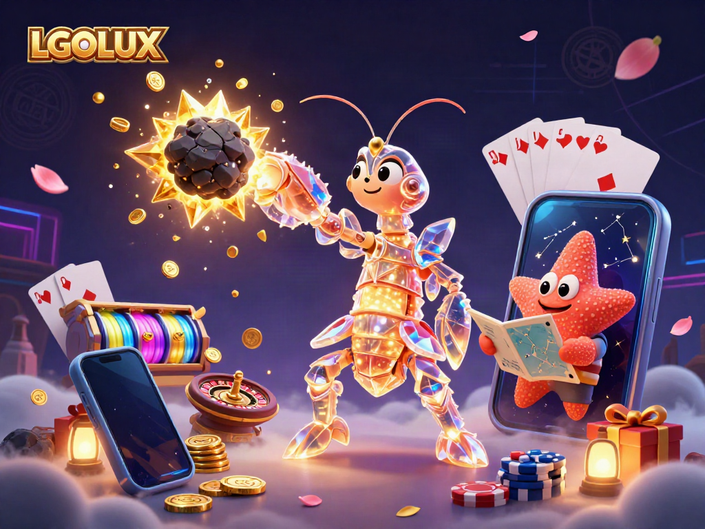 Experience the excitement of LGOLUX with dynamic gaming elements and vibrant illustrations.
