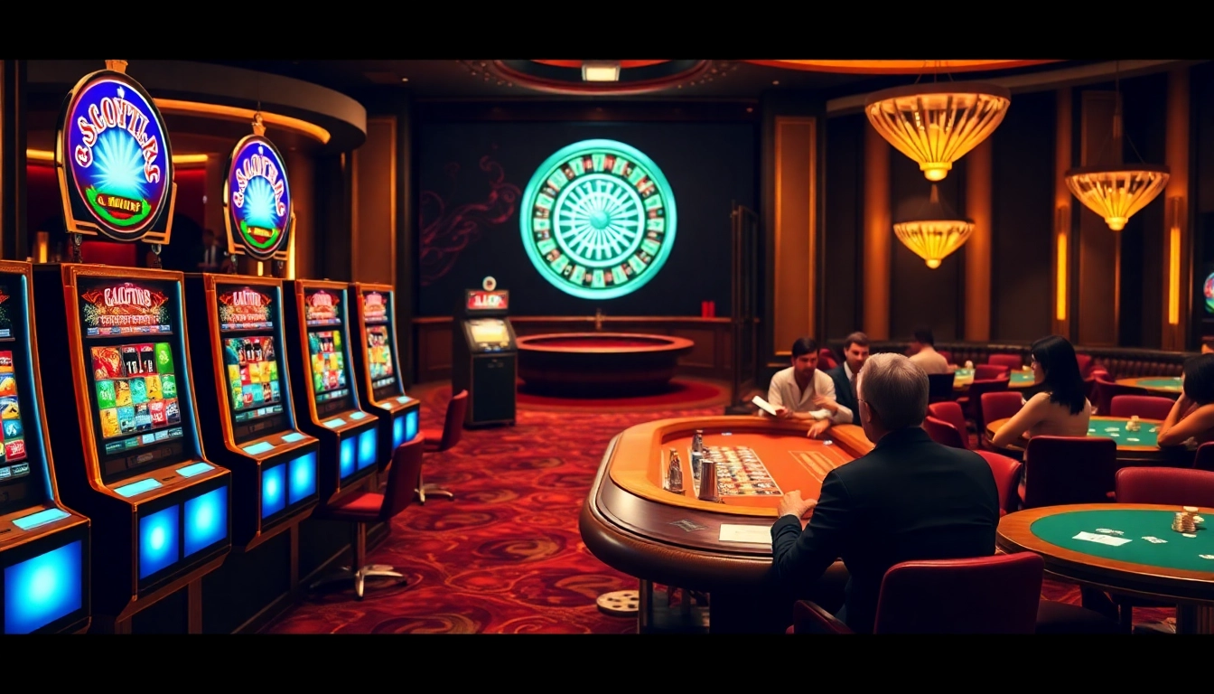 Engaging players at slot777 login in a luxurious casino setting with colorful slot machines.