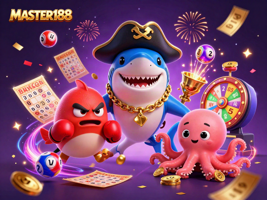 Experience excitement with MASTER188's vibrant scene of a pirate shark, pufferfish, and octopus amidst lottery elements.