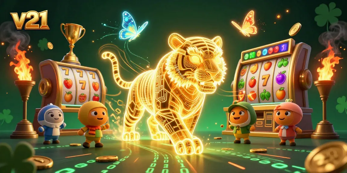 Permainan v21 menarik dengan simbol buah dan jackpot pada slot yang bersinar.
