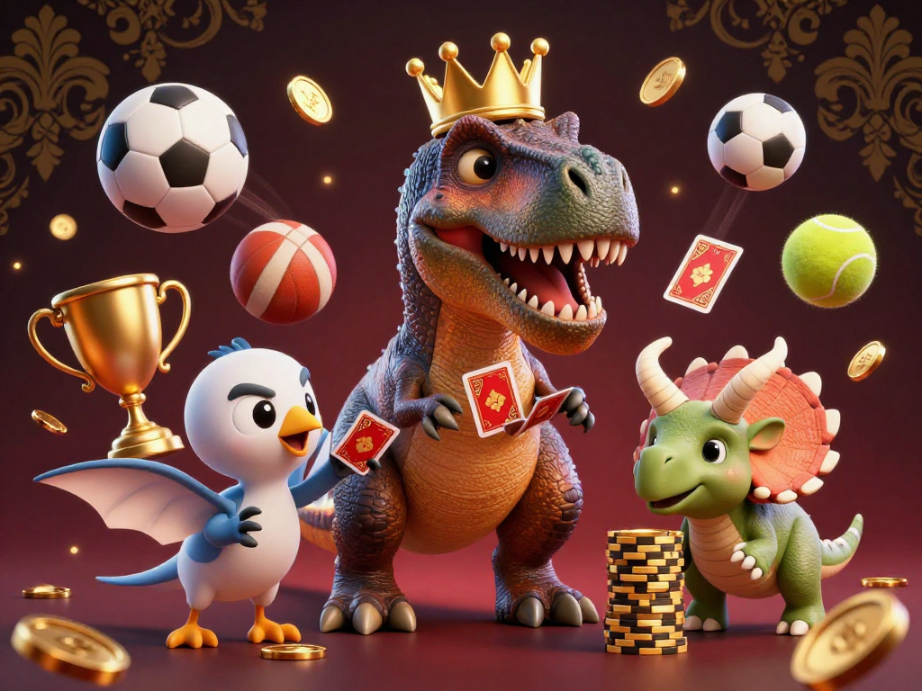 Engaging scene of a T-Rex at de88 shuffling cards, surrounded by flying sports elements and golden coins.