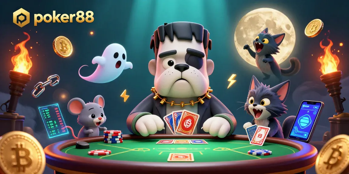 Poker88 menampilkan kartun Frankenstein bulldog yang dealt kartu di meja poker yang menyeramkan dengan kucing werewolf.
