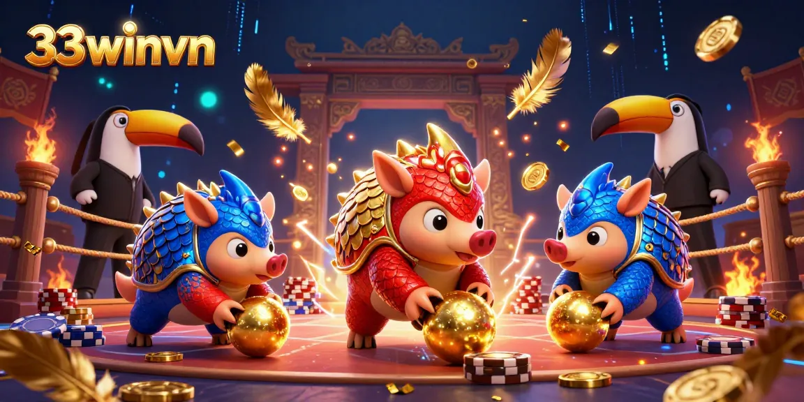 Experience thrilling gameplay at 33winvn with pangolins in vibrant action amidst stacked poker chips and bonuses.