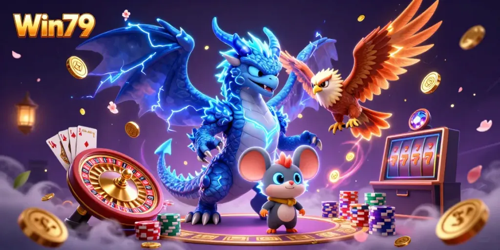 Win79 casino illustration featuring exciting characters and dynamic gaming elements, bringing the thrill of gambling to life.