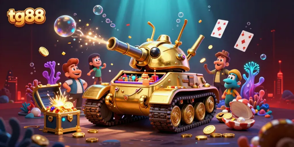 Experience the excitement of tg88 with a vibrant 3D casino scene filled with treasures and games.