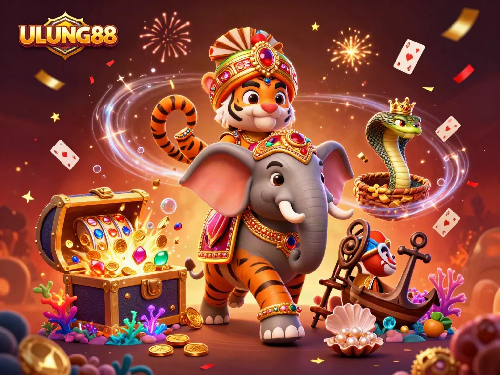 Experience the excitement of ULUNG88 with a colorful casino scene featuring vibrant characters and treasures.