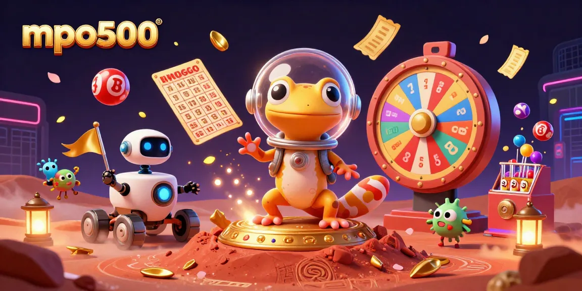 Menggali kasino emas di Mars dengan mpo500, ditandai dengan bola lotere warna-warni dan kartu bingo.