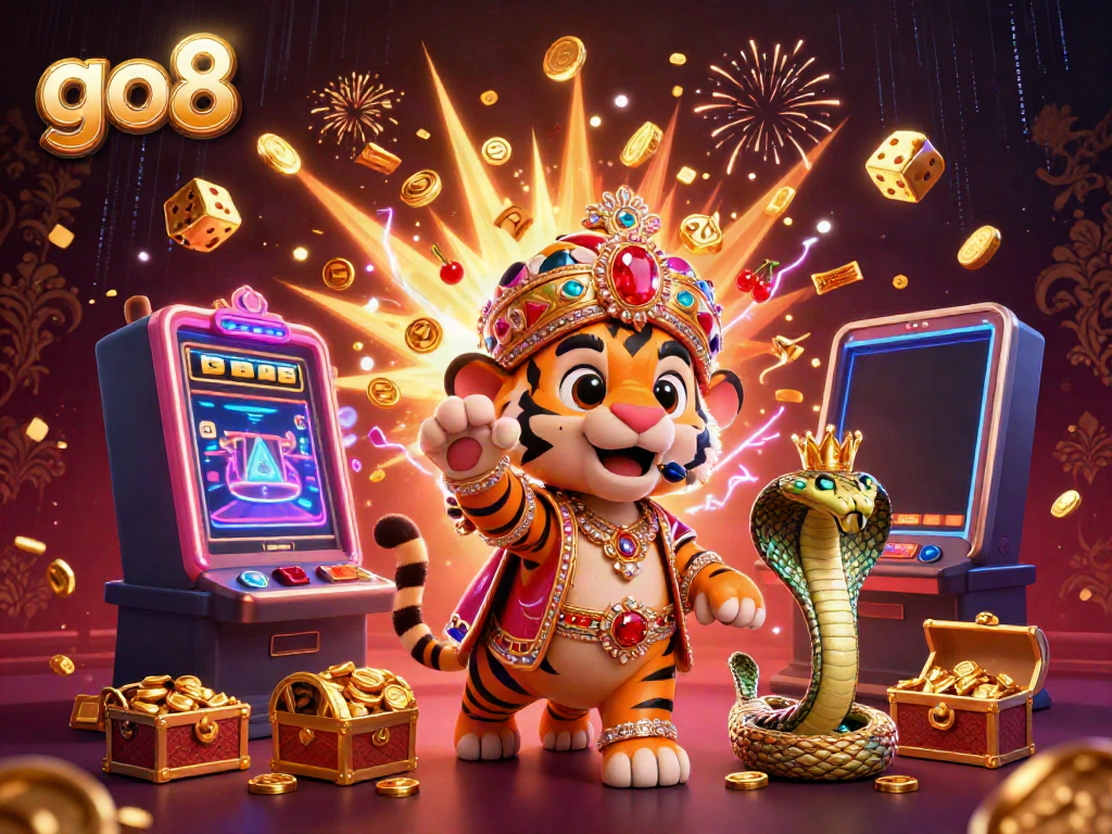 Experience excitement at go8 with a vibrant 3D casino scene featuring jewel-encrusted elements and casino games.