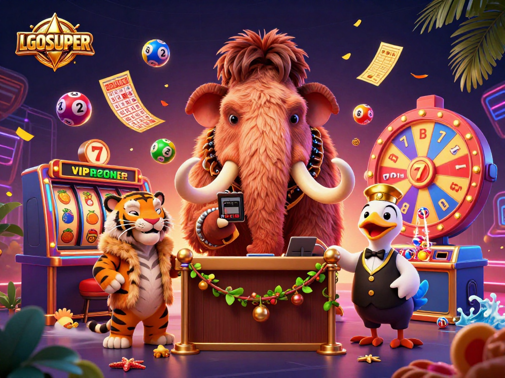 Experience the vibrant energy of LGOSUPER's casino with a woolly mammoth bouncer and colorful games.