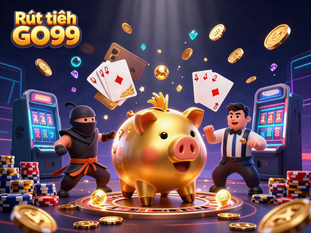 Experience Rút tiền GO99 with an exciting illustration of a golden sumo wrestler and gaming characters amidst cascading coins.