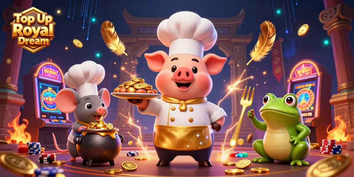 Engage your luck with Top Up Royal Dream in a vibrant, dynamic casino atmosphere featuring gold coins and animated characters.