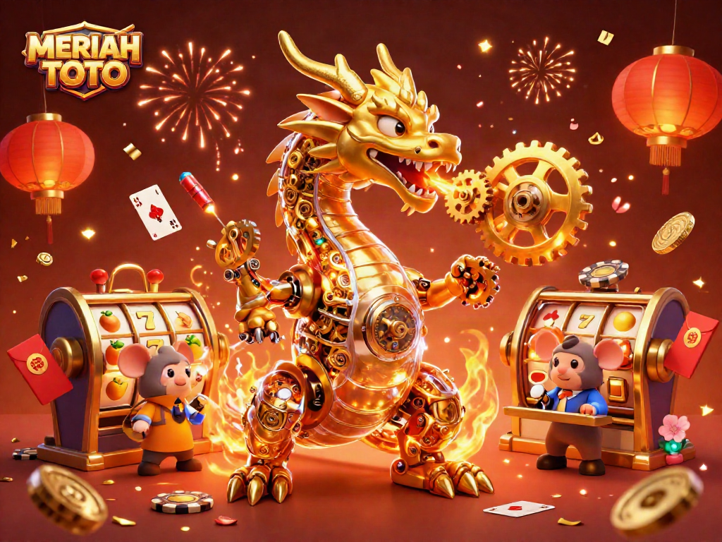 Ilustrasi MERIAH TOTO yang menarik dengan naga emas dan elemen kasino yang ceria
