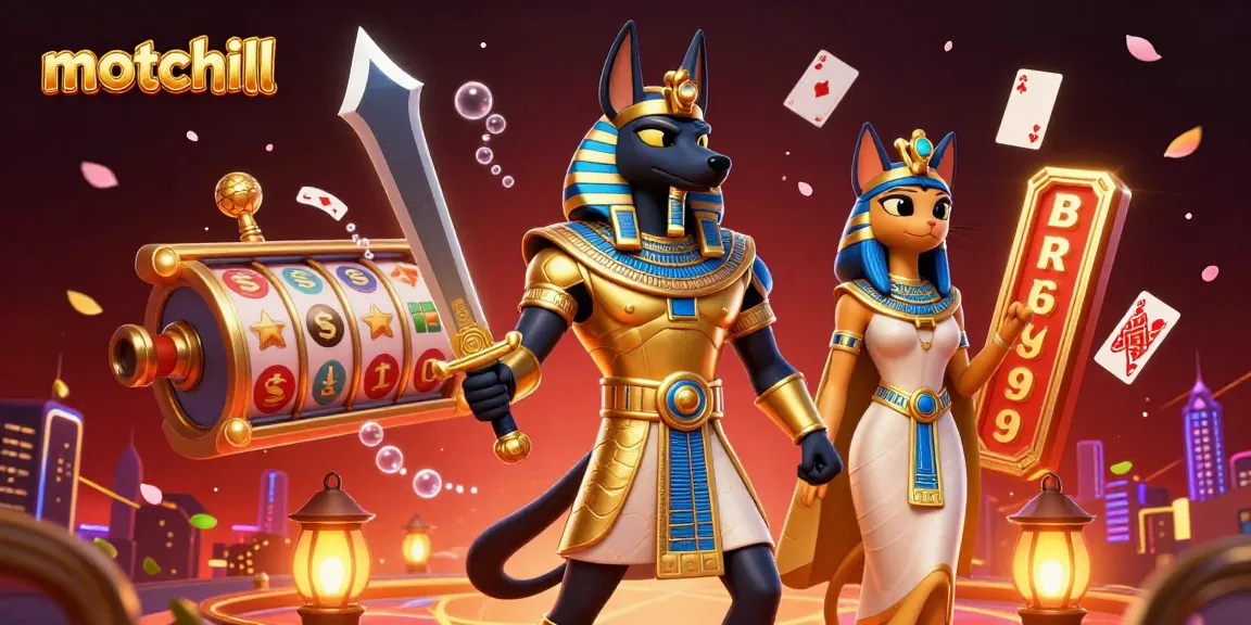 Engage with motchill's exciting 3D digital casino scene featuring Anubis and Bastet surrounded by vibrant gambling elements.