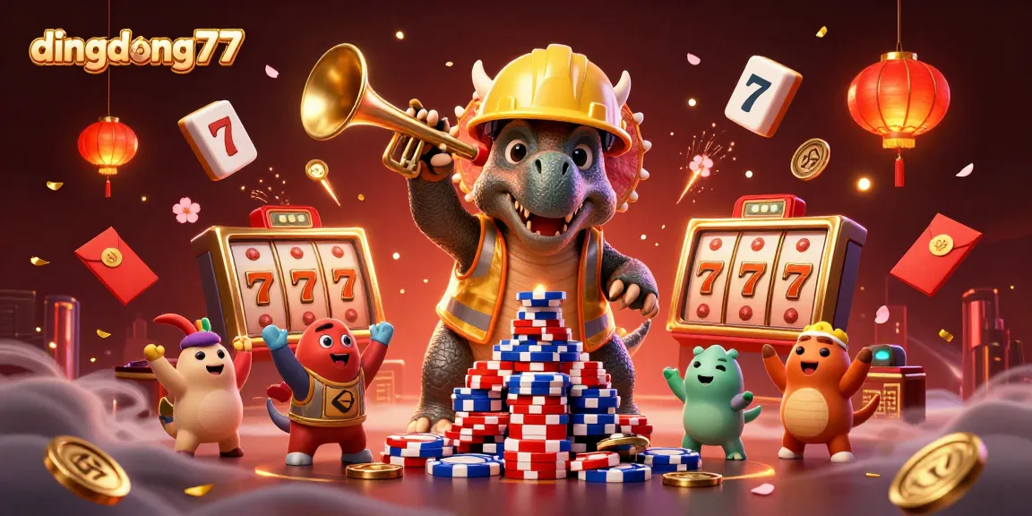 Engage with the excitement of dingdong77 as a triceratops celebrates jackpot wins in a vibrant casino scene.