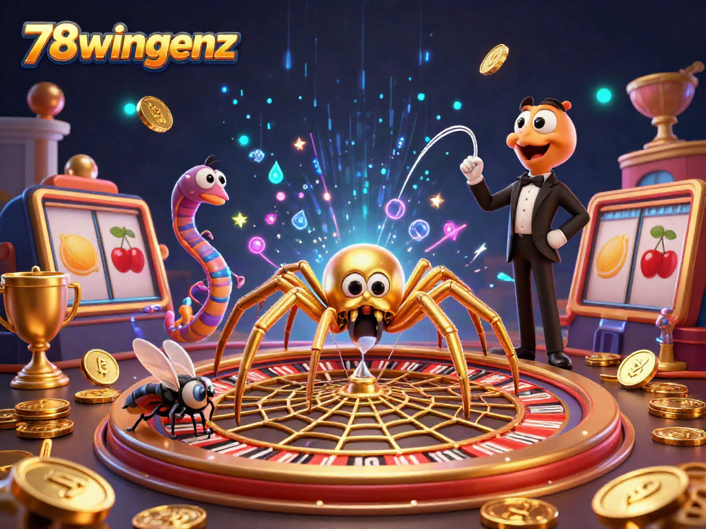 Experience gaming excitement with 78wingenz in a vibrant 3D roulette-themed scene filled with golden elements.