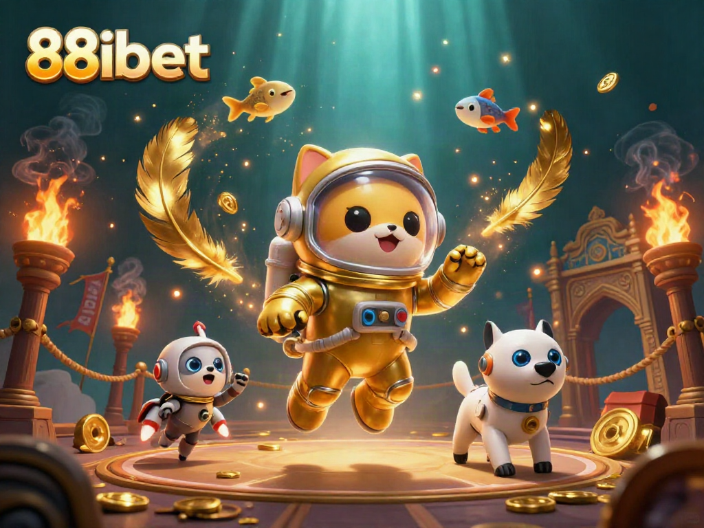 Engaging scene with 88ibet's space astronaut cat and robot dog, showcasing online casino excitement.