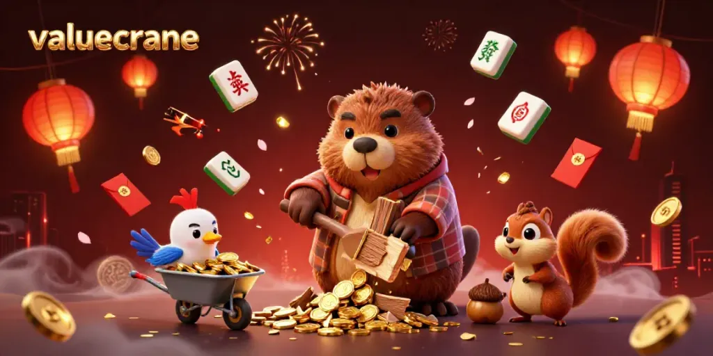 Permainan gaya kasino yang menggambarkan valuecrane dalam ilustrasi beaver yang memotong pohon dengan koin emas.