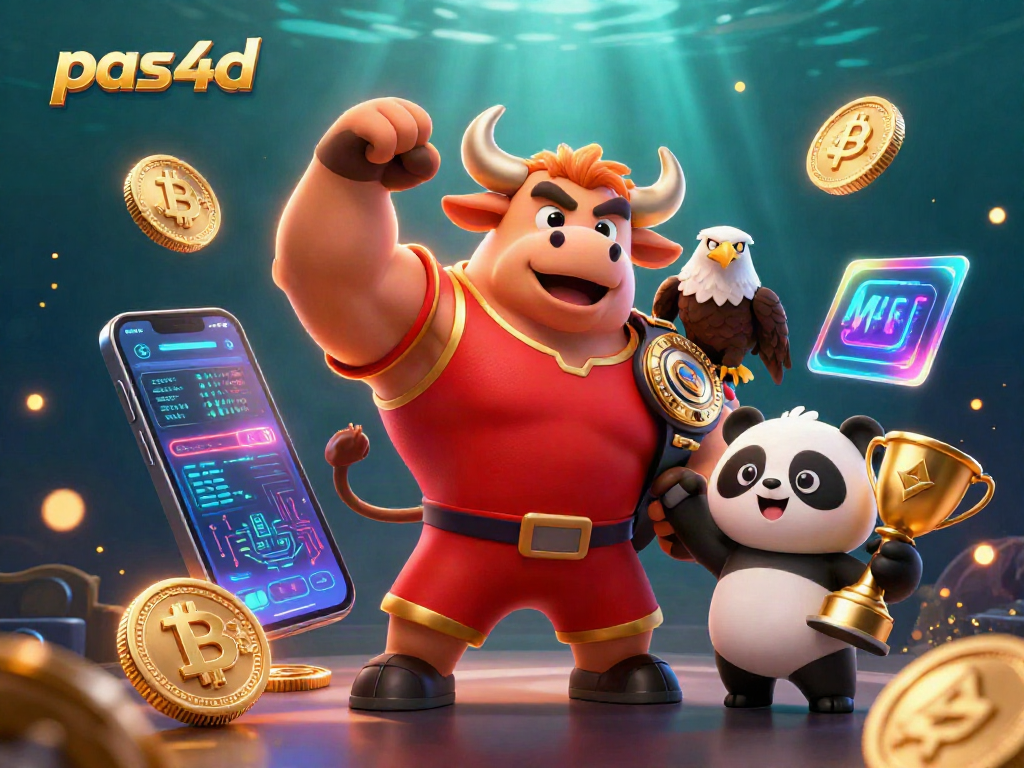 Visualisasi pas4d yang menunjukkan karakter kasino 3D bergaya dengan elemen crypto dan suasana dinamis.