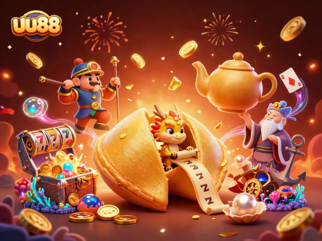uu88 celebrates with gold and luck in an enchanting casino illustration filled with dynamic gaming elements.
