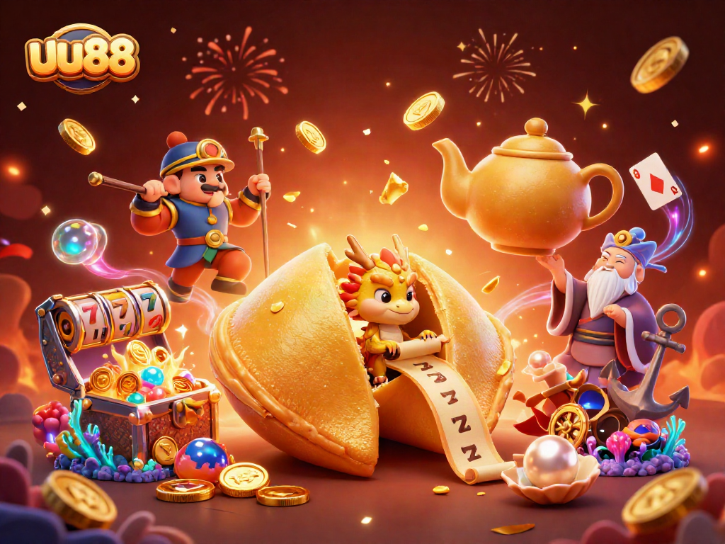 uu88 celebrates with gold and luck in an enchanting casino illustration filled with dynamic gaming elements.