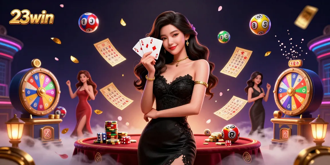 Play at 23win and engage with a stunning casino scene featuring an elegant woman holding playing cards.