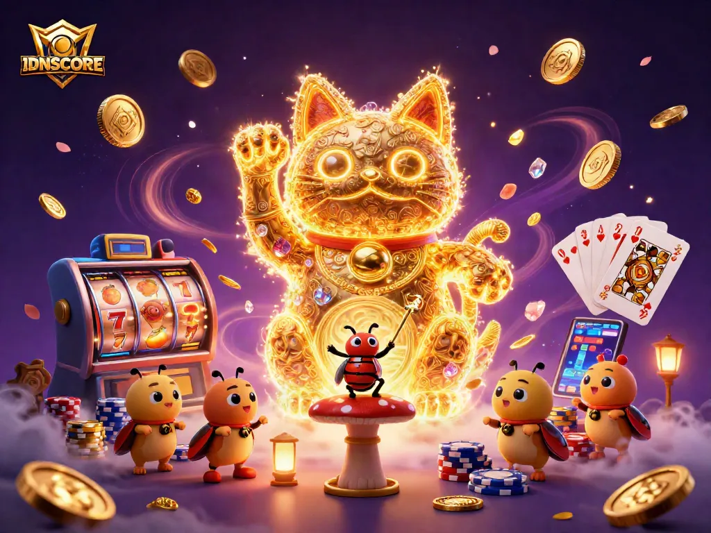 IDNSCORE showcases a dynamic casino scene with a lucky cat and vibrant gambling elements.