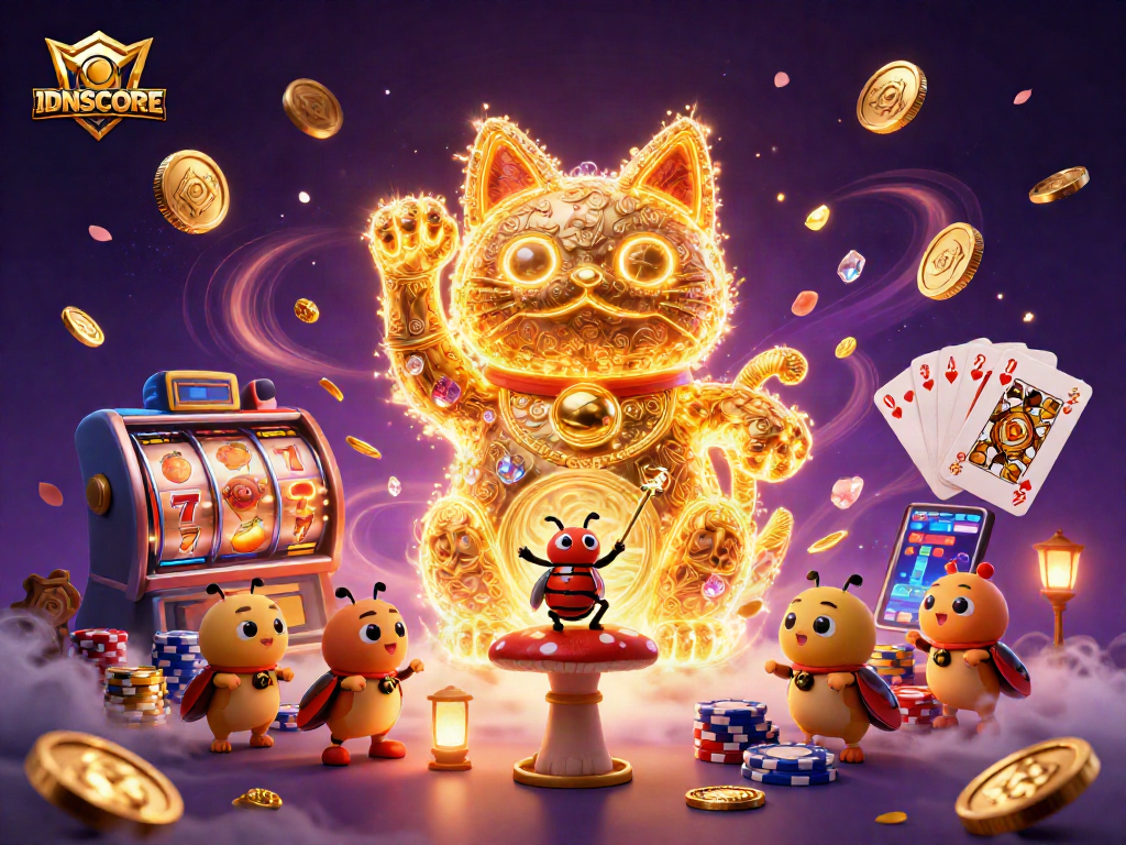 IDNSCORE showcases a dynamic casino scene with a lucky cat and vibrant gambling elements.