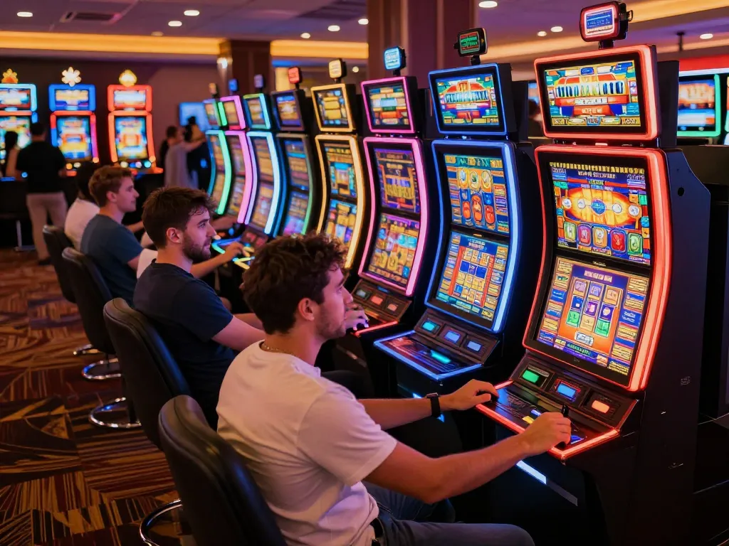 Players enjoying slot gacor games at a vibrant casino with colorful machines and engaging atmosphere