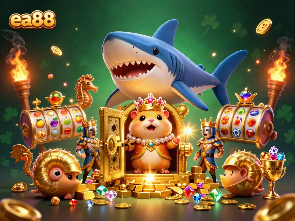 Play casino games at ea88 with a fierce golden hamster king symbolizing winning strategies.