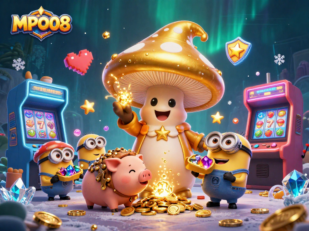 MPO08 transforms gaming with vibrant visuals featuring golden mushroom wizard, treasure pig, and slot machines.
