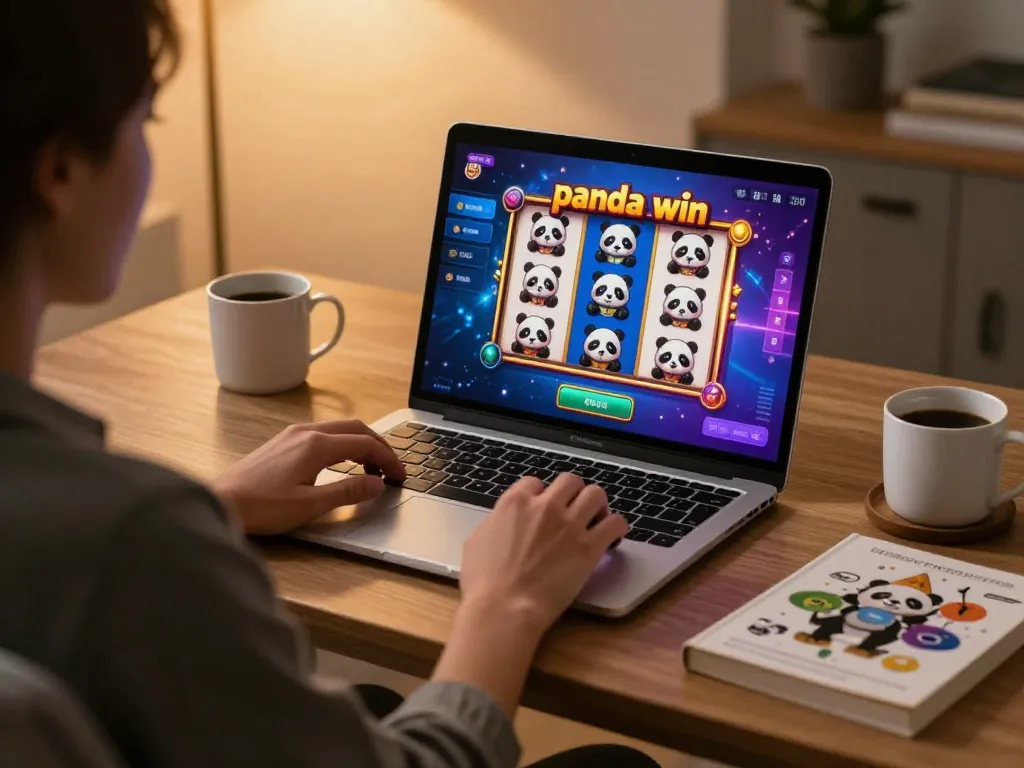 Aksi mesin slot Panda Win di laptop dalam pengaturan kantor rumah yang stylish