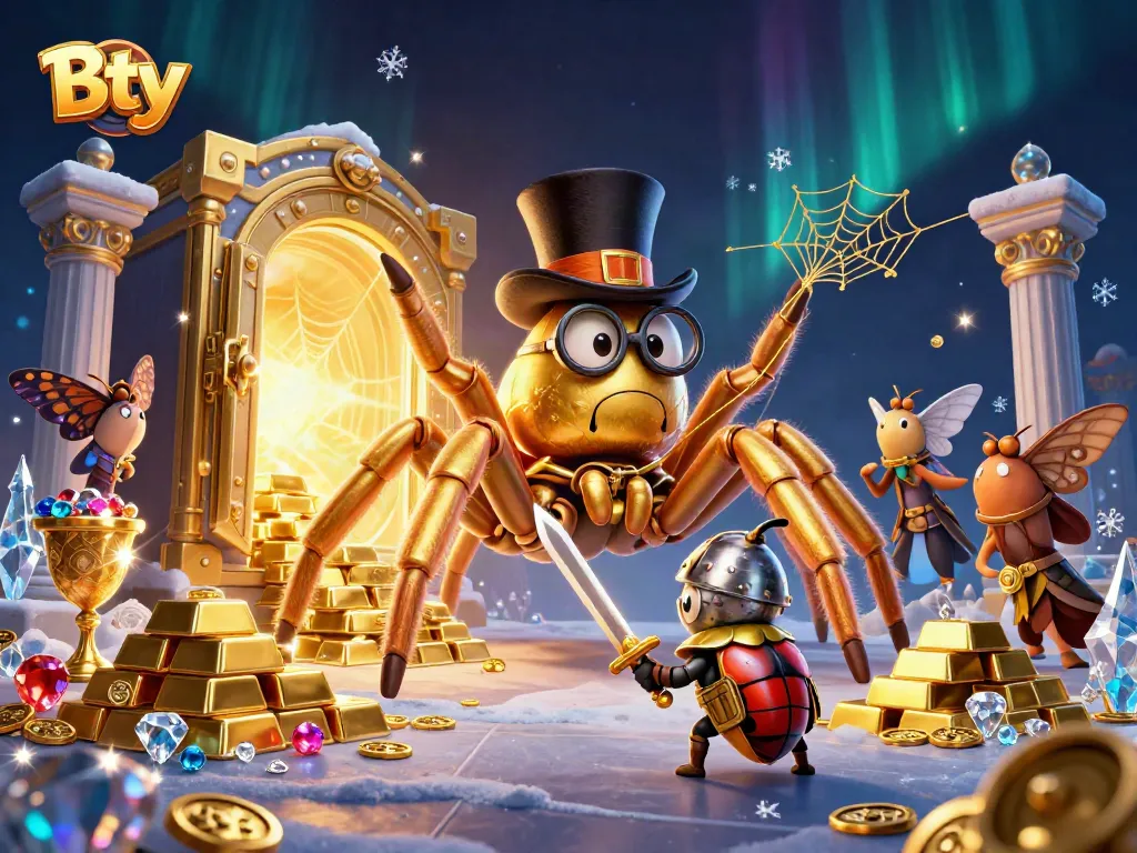 Bty captures the excitement of gambling with a golden tarantula weaving a web of fortune in a vibrant casino scene.