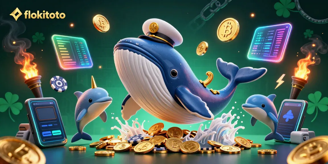 Experience winning thrills with flokitoto's vibrant casino adventure, featuring a whale and playful dolphins.