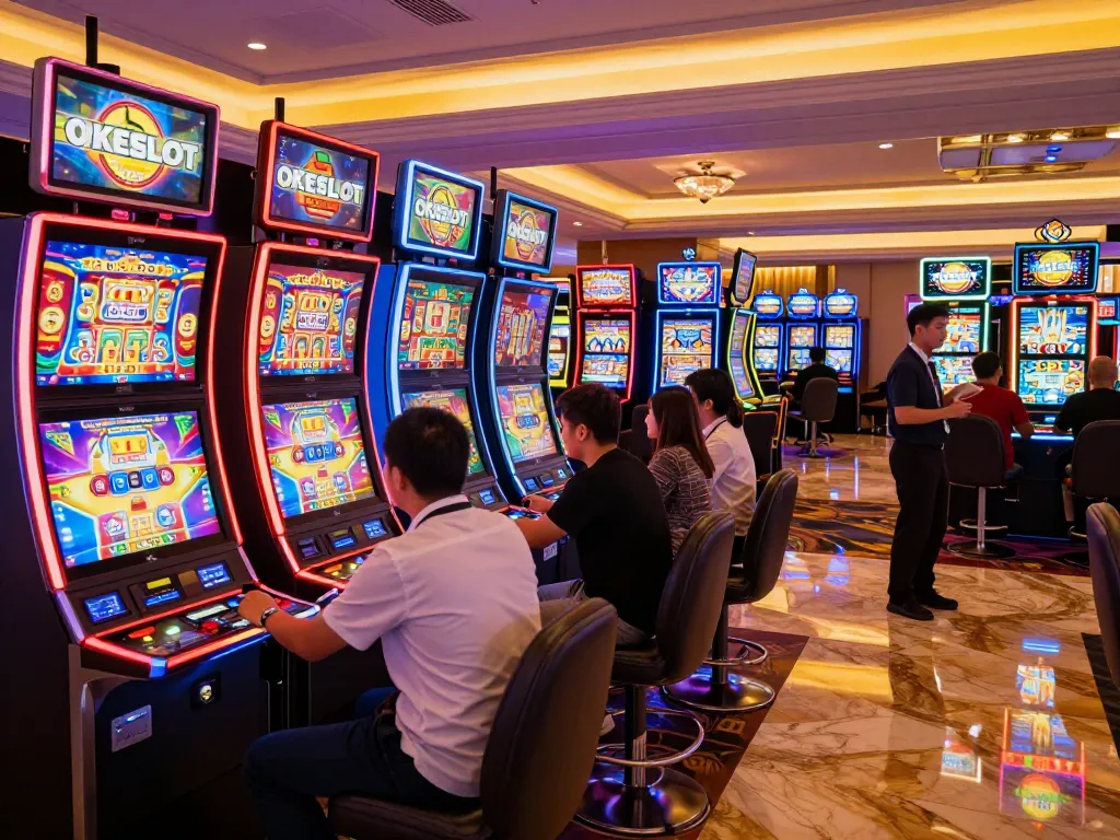 Pemain menikmati mesin slot yang cerah di OKESLOT, merayakan kemenangan di tengah cahaya berwarna-warni.
