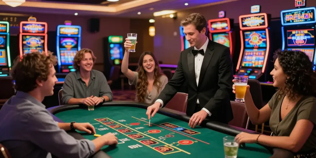 Exciting casino scene showcasing players at different games and vibrant atmosphere at https://wolfbet-bonus.com/.