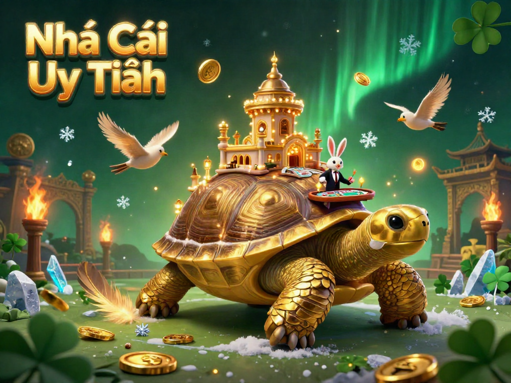 Experience the vibrant world of Nhà Cái Uy Tín with an engaging casino scene featuring a golden tortoise and a rabbit dealer.