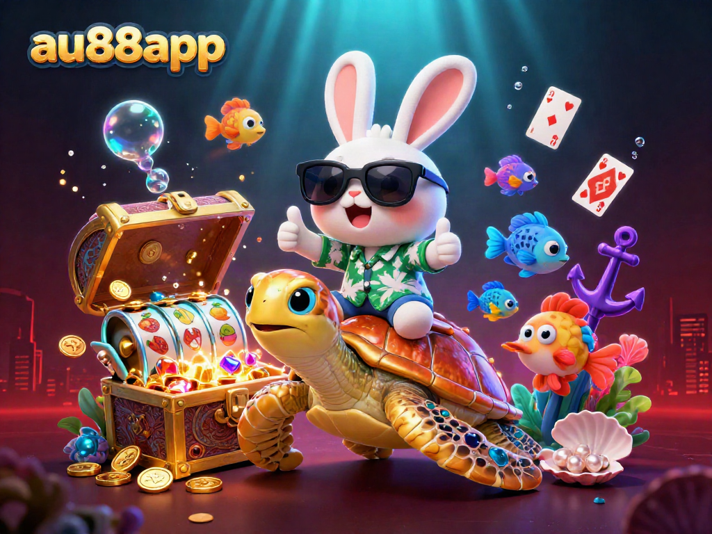 Experience thrilling gameplay at au88app with a lucky rabbit and golden sea turtle illustration.