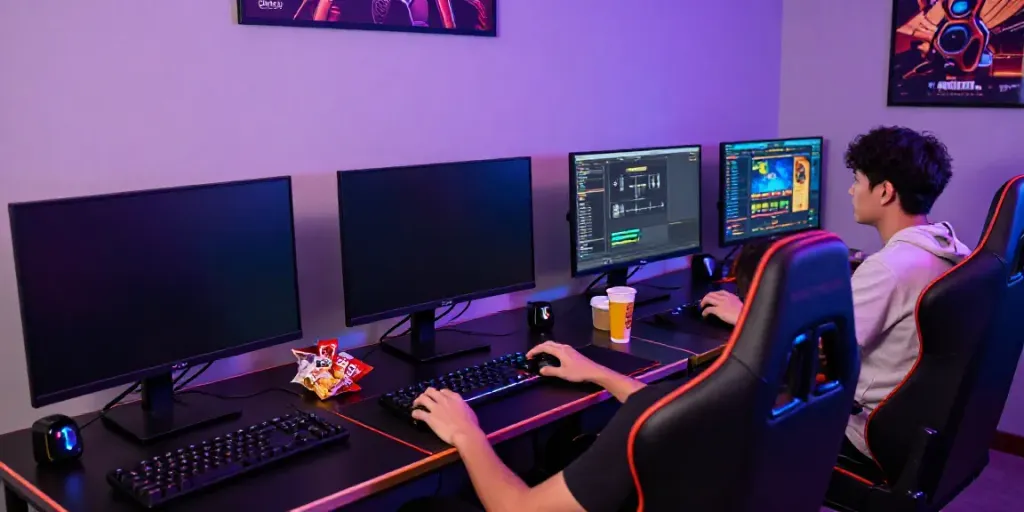 Gamer terlibat dalam permainan Harumslot dengan setup gaming modern dan suasana energik.
