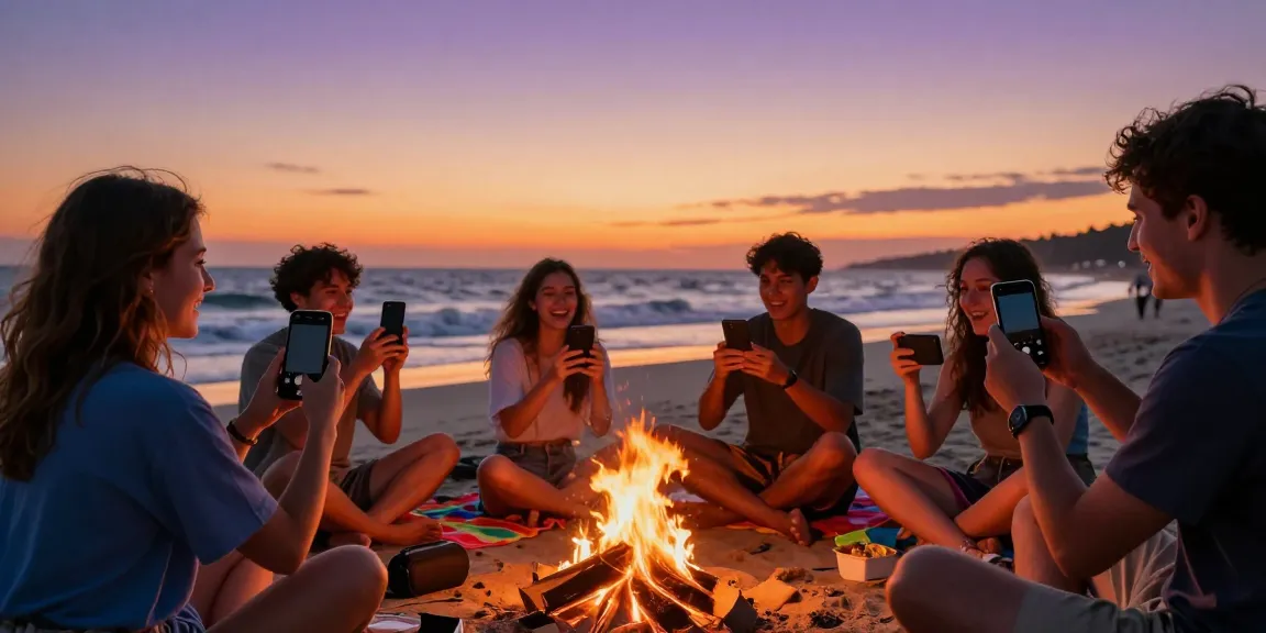 Suasana berkumpul di pantai saat matahari terbenam, remaja menikmati momen sambil menggunakan bukumimpi138.