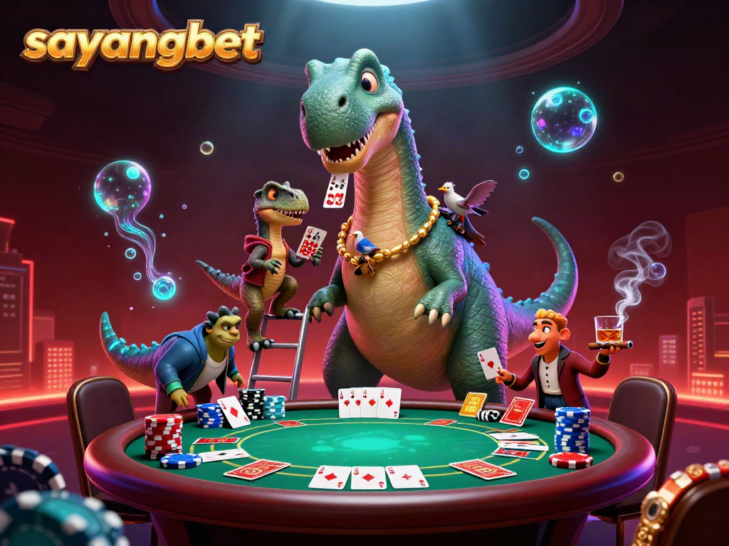 Experience the thrill of sayangbet with a massive brontosaurus and clever raptor at a poker table.