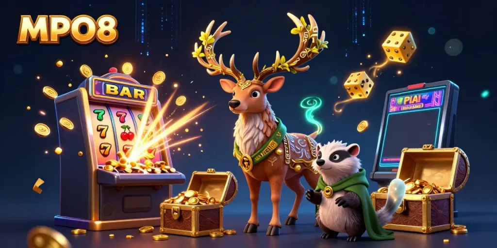 Engage with MPO08 in an illustrated scene featuring vibrant slot games, jackpot excitement, and magical elements.